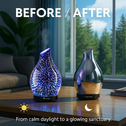 120ML Essential Oil Diffuser, 3D Glass Aromatherapy Diffuser with Auto Shut-Off and 7 Color LED Lights, Ultrasonic Mist Humidifier with 4 Timer for Home Office Bedroom (3D Fireworks)