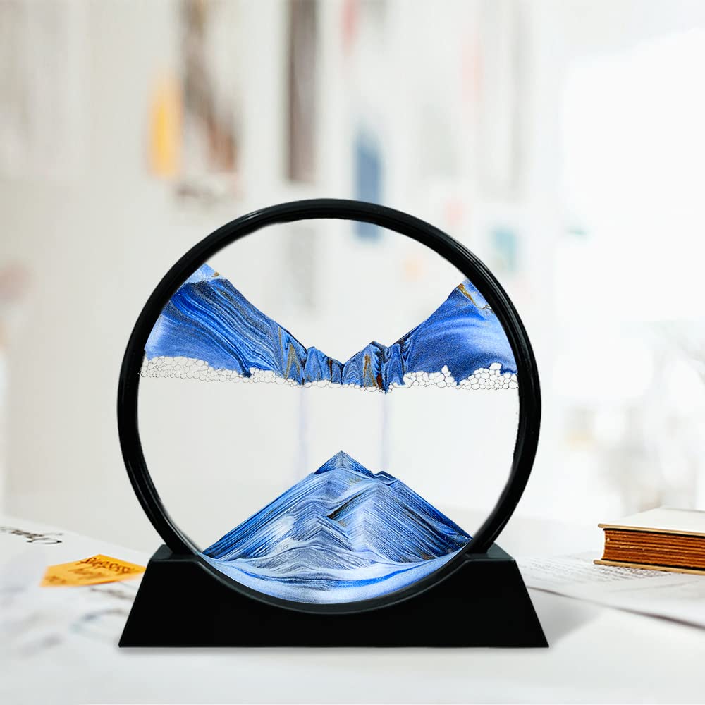 Aoderun Moving Sand Art Picture Round Glass 3D Deep Sea Sandscape in Motion Display Flowing Sand Frame Relaxing Desktop Home Office Work Decor (7", Blue)