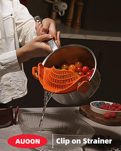 AUOON Clip On Strainer Silicone for All Pots and Pans, Pasta Strainer Clip on Food Strainer for Meat Vegetables Fruit Silicone Kitchen Colander