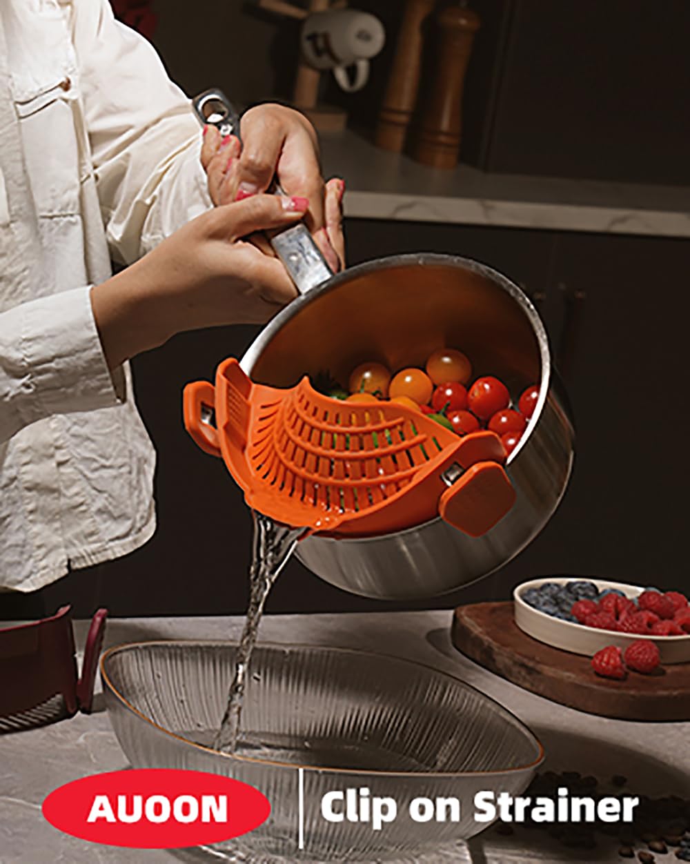 AUOON Clip On Strainer Silicone for All Pots and Pans, Pasta Strainer Clip on Food Strainer for Meat Vegetables Fruit Silicone Kitchen Colander