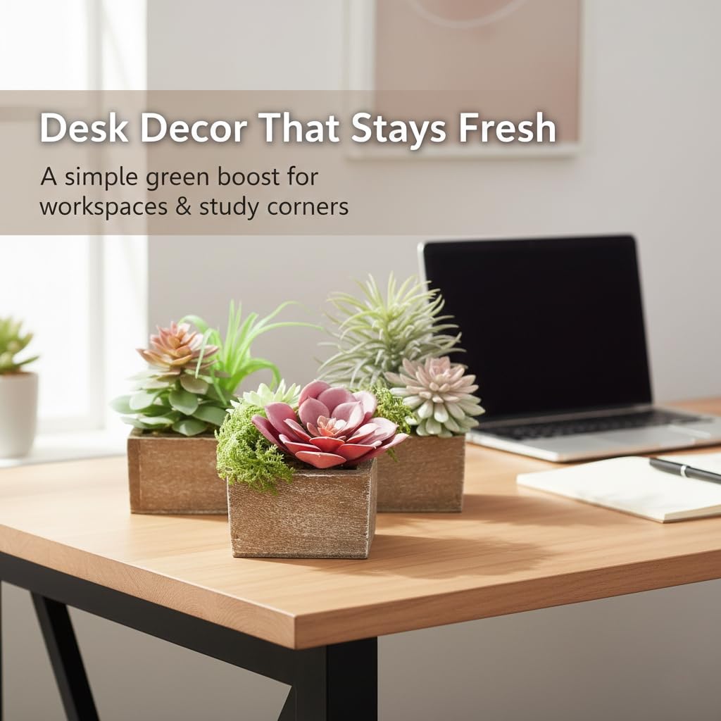 Succulent Plants Artificial, 3 Pack Small Fake Plants in Wood Pot for Home Decor, Farmhouse Artificial Plants Indoor for Living Room Bathroom Bedroom Office Kitchen Desk Wedding Coffee Table Decor