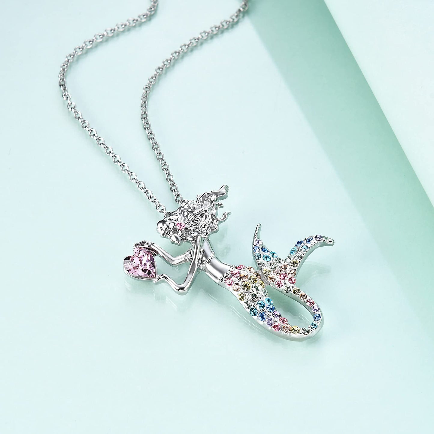 luomart Fashion Mermaid Birthstone Necklace Jewelry White Gold Plated Austrian Crystal Pendant Gift for Girls Women (Rainbow Blue)