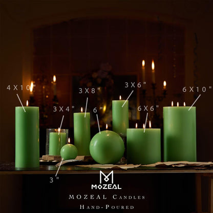 MOZEAL Hand-Poured, 6 Inch Green Large Round Ball Candles - Elegant Green Round Pillar Candles, Dripless, Unscented, Smokeless, Ideal for Spring Celebrations.