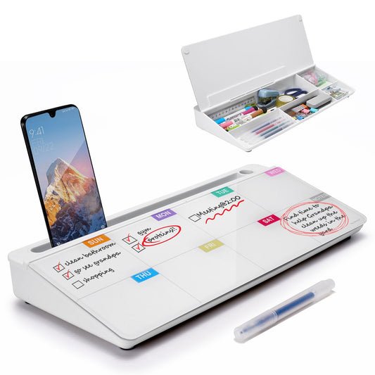TSJ OFFICE Whiteboard Weekly Dry-Erase-Board - Desktop White Board Calendar Desk Organizers with Accessories Computer Keyboard Stand with Drawer, for Office, Home, School Supplies