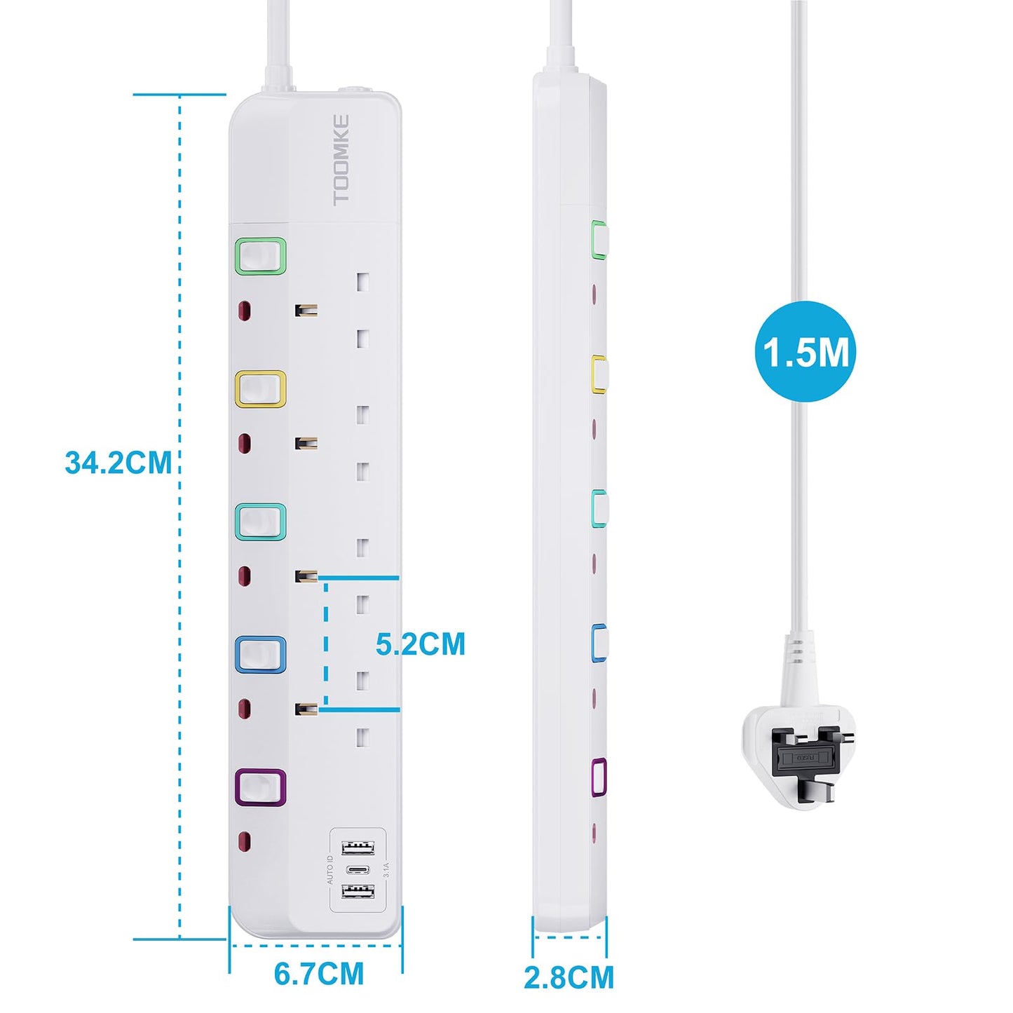 Extension Lead with USB Slots, Toomke 4 Way Plug Extension Socket with 2 USB-A and 1 USB-C, Mountable Power Strip with Individual Switches, UK Plug Socket 1.5m Extension Cord 13A 3250W