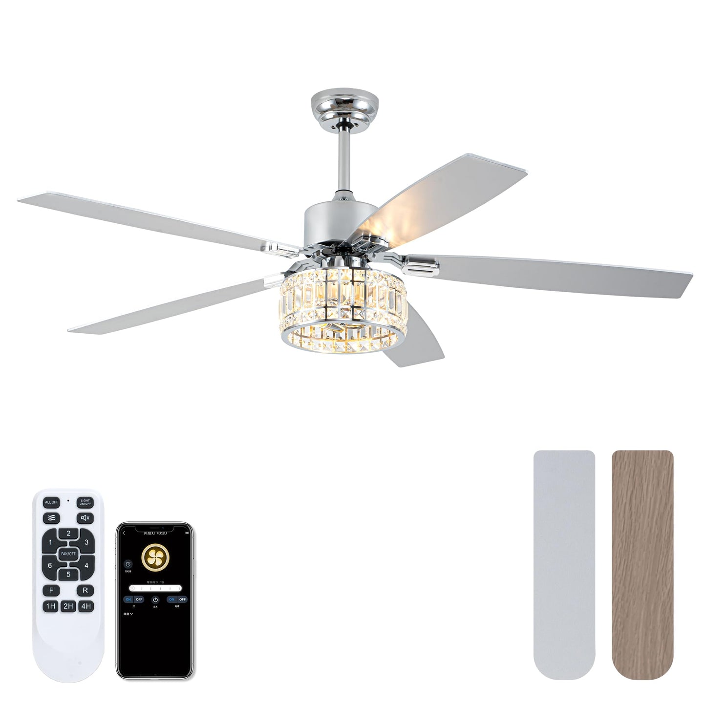Esiovco Chandelier Ceiling Fans with Lights and Remote,Caged Ceiling Fan with Light,App 5 Blades E26 Fandelier Ceiling Fans with Lights,Crystal Ceiling Fan for Bedroom,Living Room. (Nickel, 60 Inch)