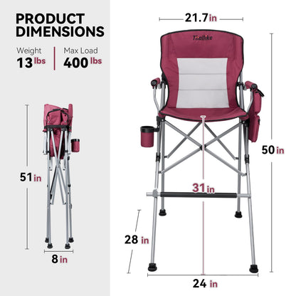 Thallike Foldable Directors Makeup Salon High Chair - Portable Camping Bar Height Folding Photoshoot Chairs with Stroage Bag Cup Holder Non-Slip Footrest, Supports 400 lbs Red Tall Director Chair