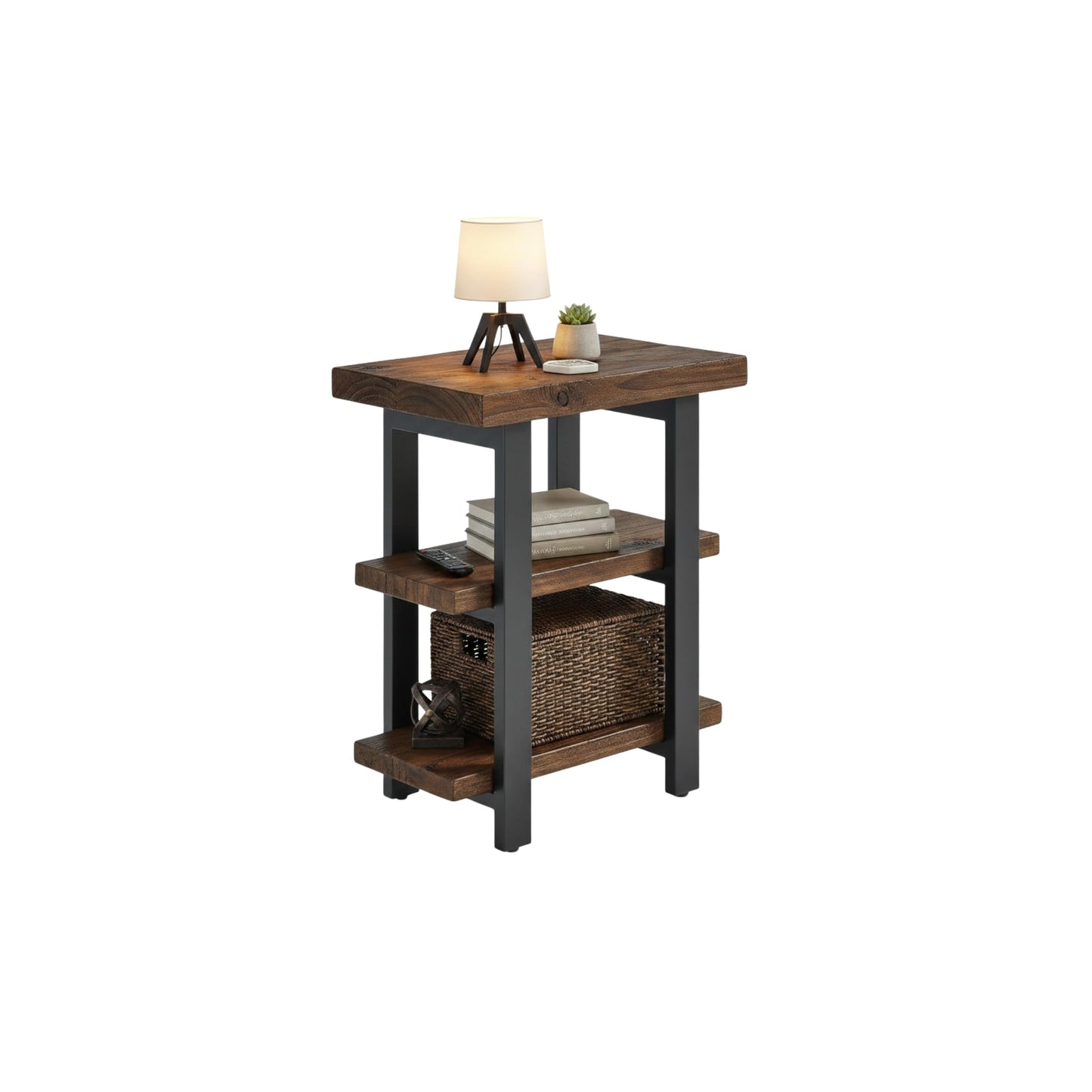 Alaterre Furniture Pomona Living Room 3-Tier Solid Wood End Table with Metal Legs & Storage Shelves – Modern Rustic Industrial Space-Saving Side Table or Nightstand (Rustic Brown)