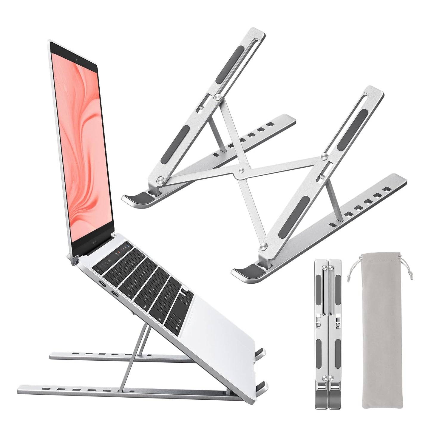 Sopholid Laptop Stand for Desk, Aluminum Metal MacBook Stand，Computer Riser for Desk, Portable Foldable Adjustable Notebook Holder, Compatible with 10-15.6 Inch Laptops, iPad, Silver.