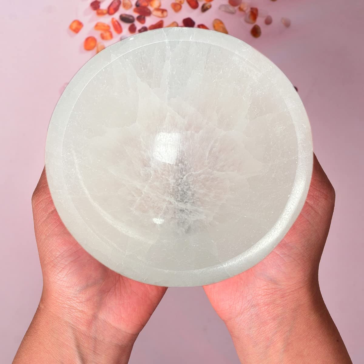 MOGEMT Large Selenite Bowl Hand-Carved Round Selenite Crystals Bowl for Cleansing, Charging, Smudging, Healing, Decoration or Gift 5.3-5.7 Inch