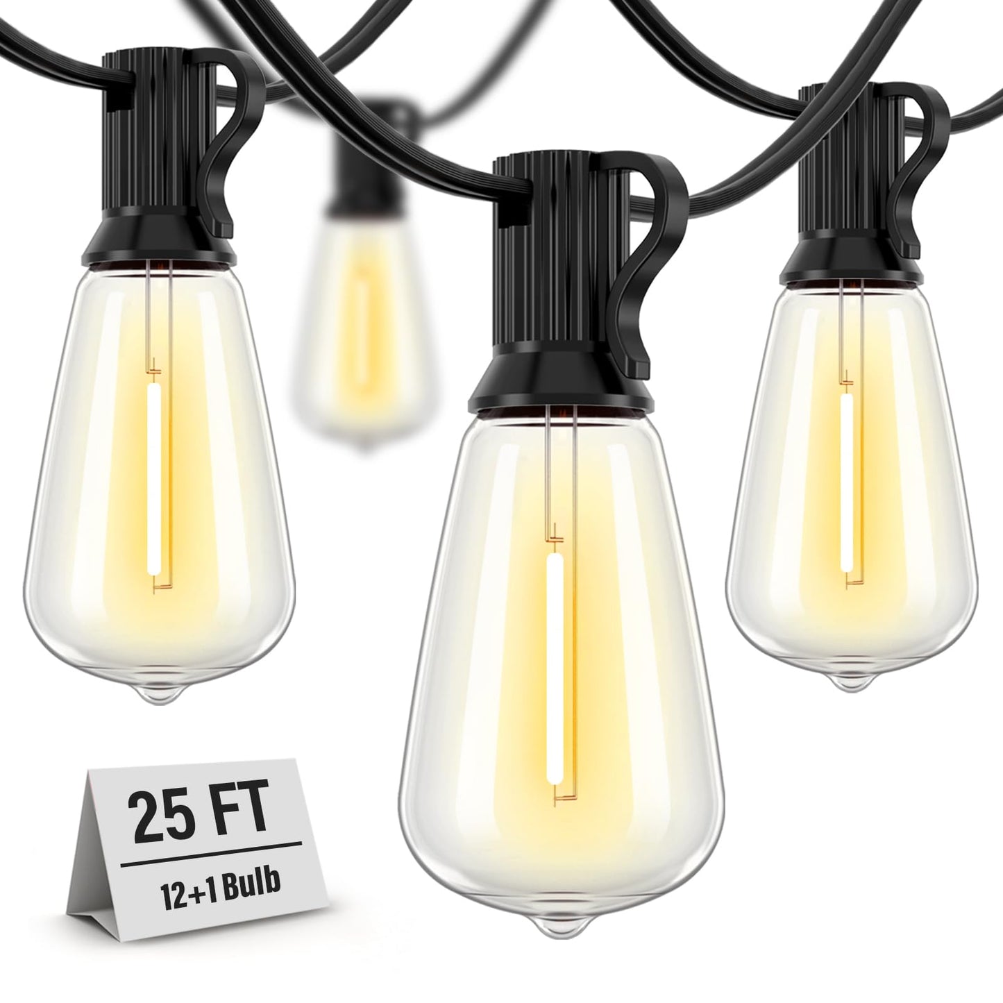 Doukedge Outdoor String Lights Waterproof, 25 Feet Patio Lights with 13 ST38 Edison Bulbs(1 Sqare), Hanging Lights with Plug in Cord for Porch, Blacony, Backyard, Bistro, Garden, 2700K