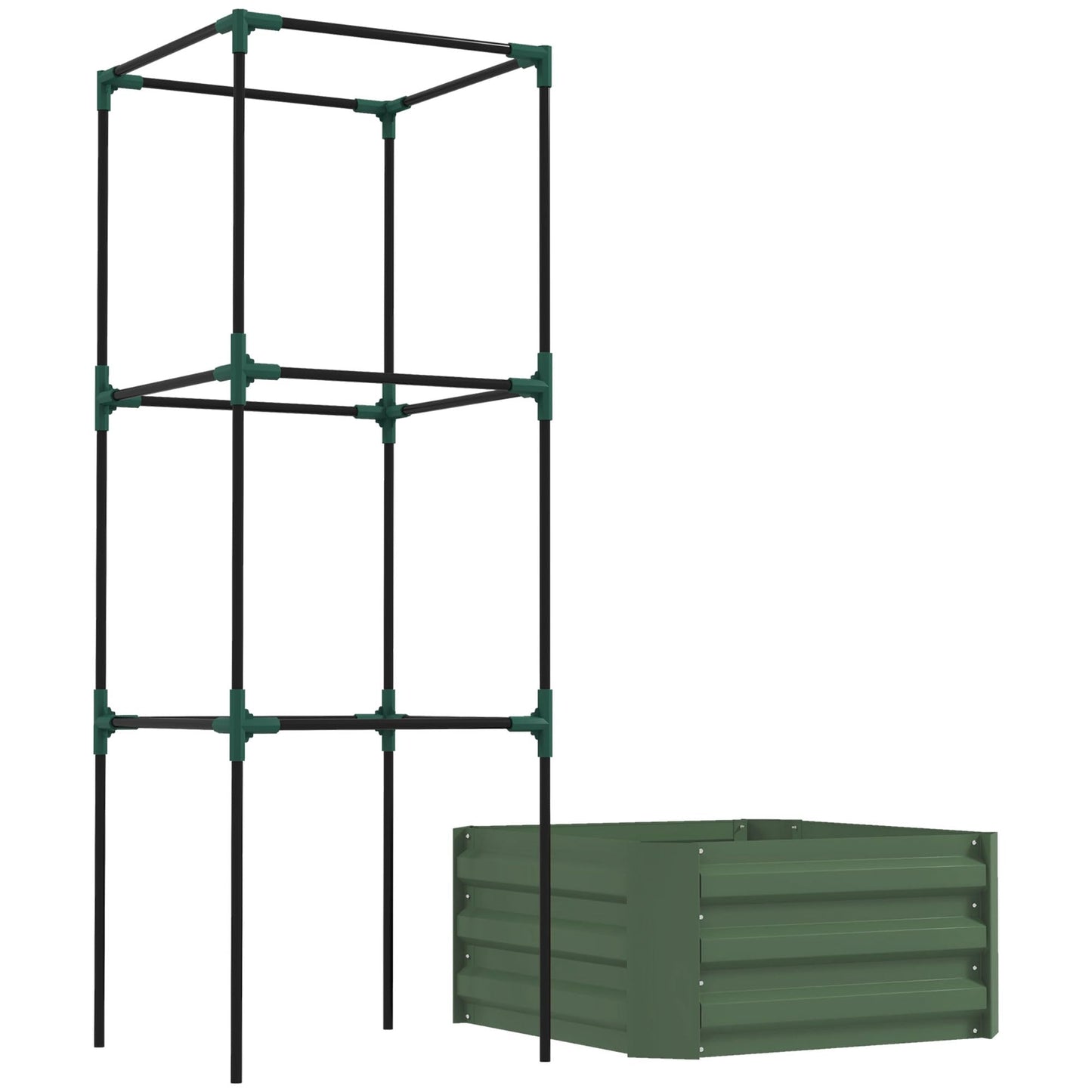 Outsunny Galvanized Raised Garden Bed, 55" Tall Outdoor Planter Box with Trellis Tomato Cage and Open Bottom for Climbing Vines, Vegetables, Flowers in Backyard, Garden, Patio, Green