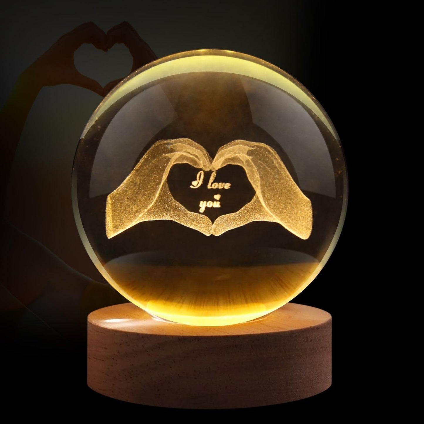 Flexzion 3D Love Crystal Ball Night Light 80mm (3.15 Inch), LED Glass Sphere Lamp with Solid Wood Base, USB Powered Adjustable Brightness Desk Decor Gift
