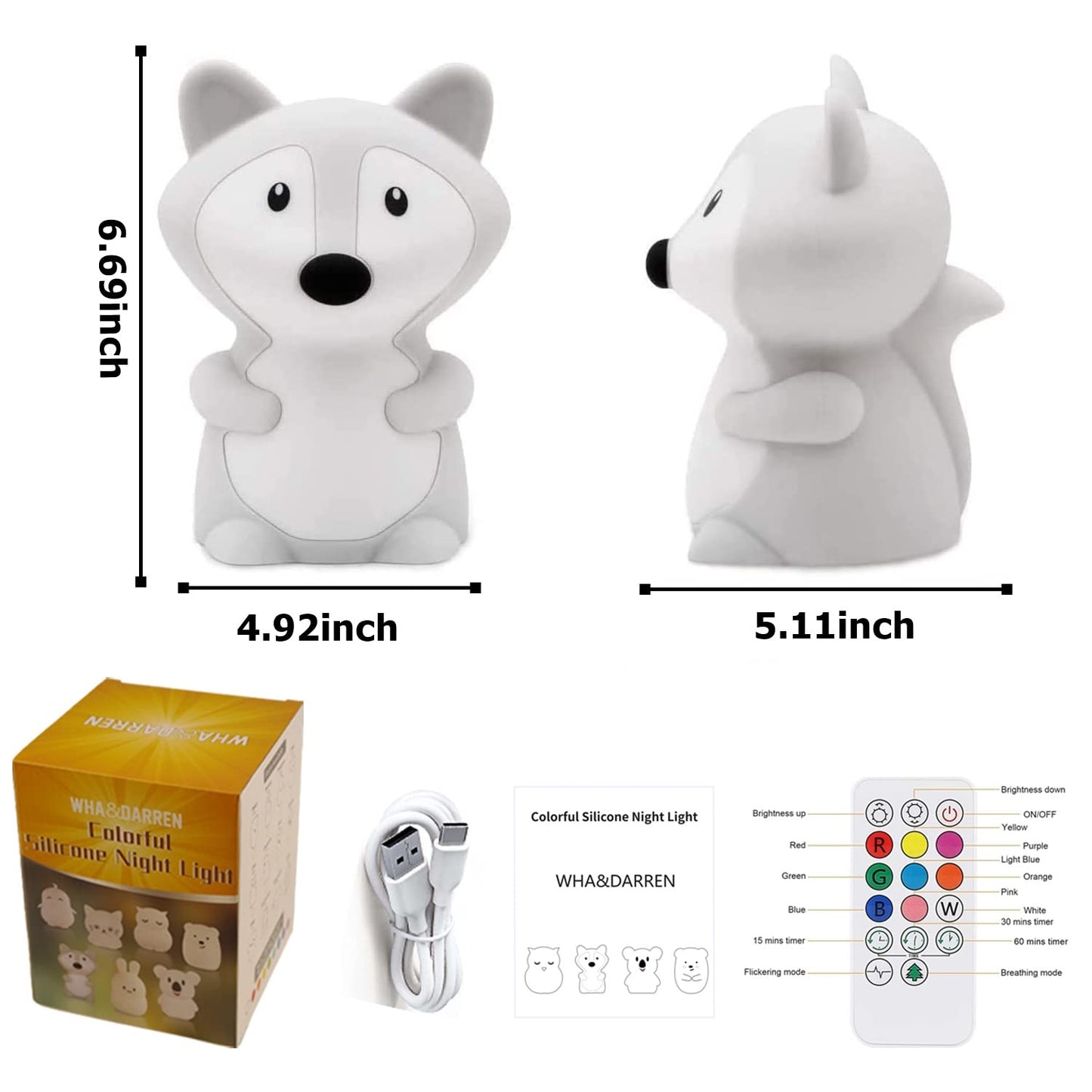WHA&DARREN Large Fox Night Light for Kids,Cute Baby Night Light, Silicone Bedside Lamp,Sleep LED Lights Desk Light, Eye Caring, Adjustable Brightness & Color, Time Setting