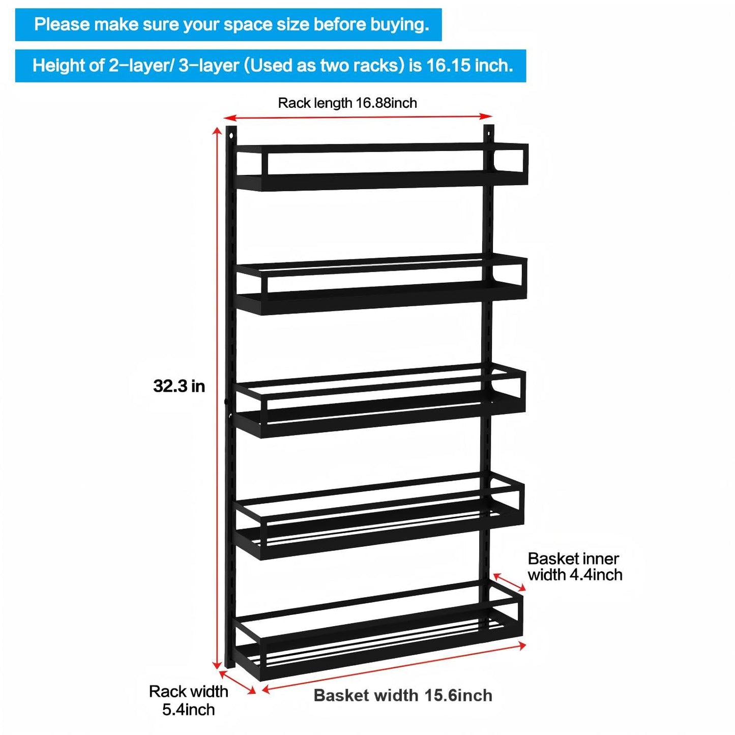 X-cosrack Wall Mount Spice Rack Organizer 5 Tier Height-Adjustable Hanging Spice Shelf Storage for Kitchen Pantry Cabinet, Dual-Use Seasoning Holder Rack with Hooks, Black-Patented