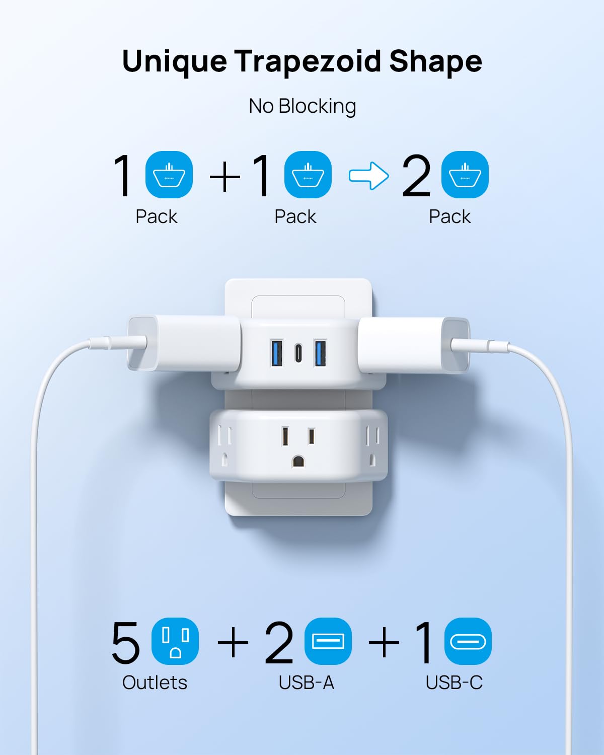 TROND Multi Plug Outlet Extender 2 Pack - Electrical Wall Splitter, 3 Way Angled Wall Outlet Adapter, Cruise Essentials, Small Multiple Plug Expander for Cruise Ship Home Office Dorm Room, White