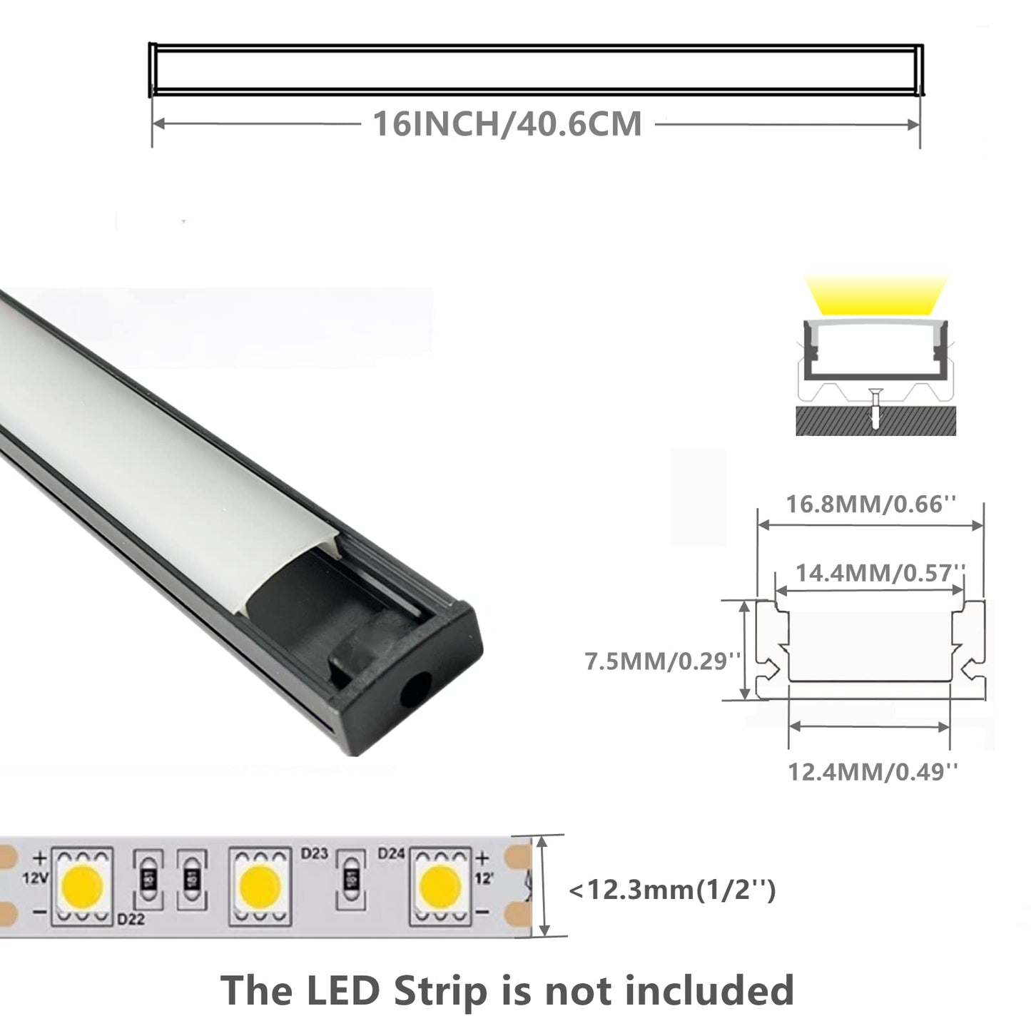THMOOTHER 6-Pack 16-Inch U Shape Surface Mounted LED Strip Black Channel with Anti UV Diffuser - Versatile Lighting Solution for Elegant Ambiance and Enhanced Illumination