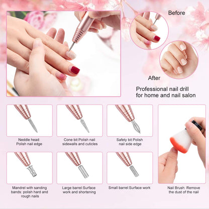 Portable Electric Nail Drill File Machine with Acrylic Nail Kit Set Professional 20000rpm Manicure Pedicure with Sanding Bands Brush for Nail Art Gel Nail Polish Tips Clippers