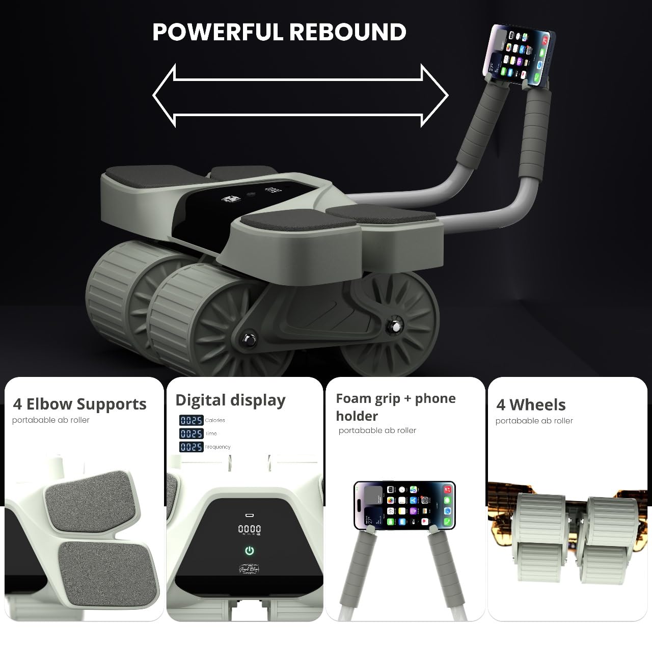 2025 New 4-Wheel Abdominal Roller with Elbow Support : Latest Upgraded High-Performance Exercise Machine With Automatic Rebound, Multi- layered Anti-Slip Design with Calorie Counting LCD Screen