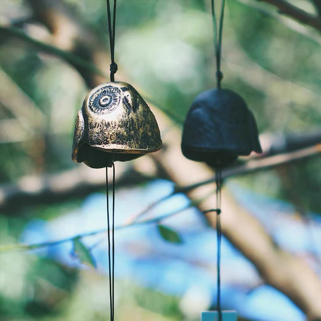 Oavand Set of 2, Japanese Bless Small Wind Chimes Outdoor, Iwachu Cast Iron Lucky Temple Wind Bell Memorial and Sympathy Wind Chimes for Outside Good Luck for Garden, Patio, Balcony (Goldfish and owl)