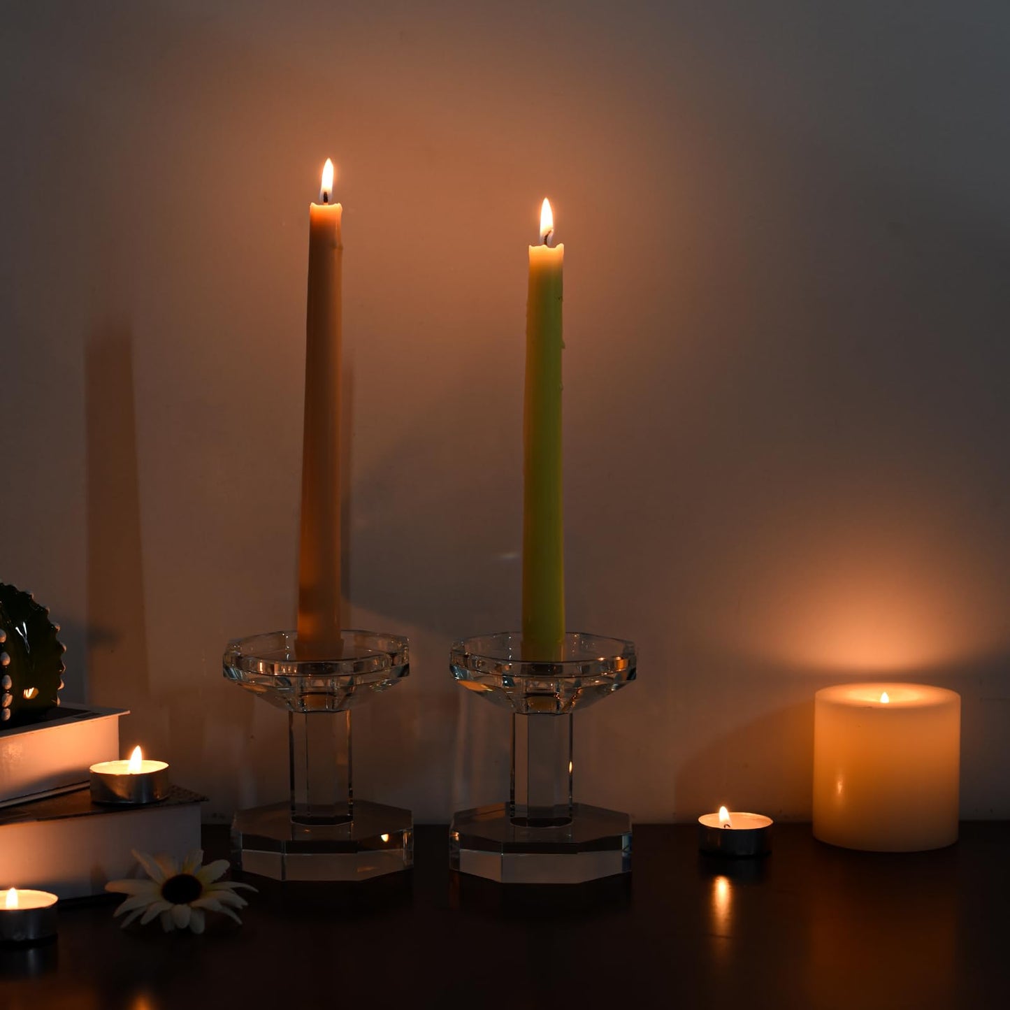 Kitcom Crystal Taper/Pillar Candle Holders Set of 2, 4.1 Inches Height, Heavy Solid Hand Cut Candlesticks Set, Table Centerpieces for Home Decor, Clear