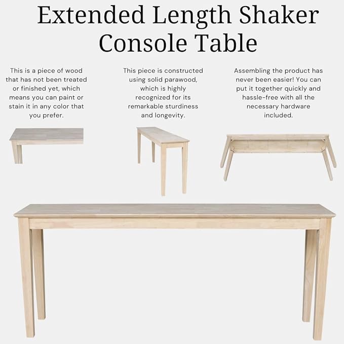 International Concepts Shaker Console Sofa Table, 72-Inch Long, Solid Parawood