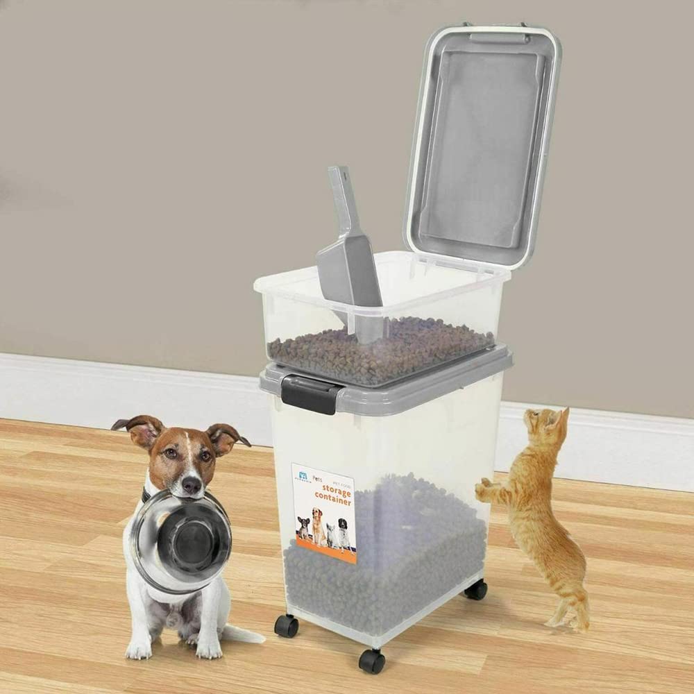 Prime Paws 3-Piece Airtight Pet Food Storage Container with Measuring Scoop Plastic Pet Dog Cat Animal Dry Food Dispenser (Grey)