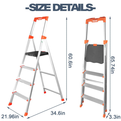 Valeo 4 Step Ladder with XL Platform, 4 Step Aluminum Lightweight Folding Ladder, 330 lbs Weight Rating,Folding Step Stool with Large Anti-Slip Feet,No Assembly Required