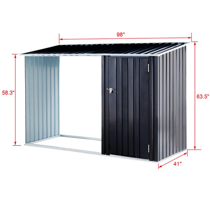 Ball & Cast 98" Firewood Storage Shed,2-in-1 Galvanized Steel Outdoor Shelter Rack with Log Holder,Anthracite Waterproof House Tool Cabinet w/Lockable Doors and Pitched Roof,for Bicycles,Dark Gray
