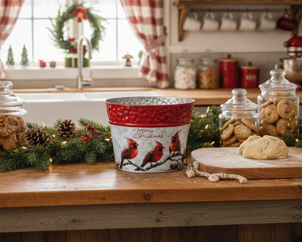 Napco 5 inch Rustic Metal Merry Christmas Cardinals Pot Cover with Indented Red Rim Festive Christmas & Holiday Decor