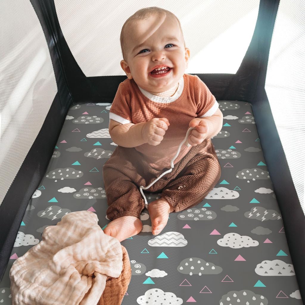 Stretchy Pack and Play Fitted Sheets: 2 Pack Mini Crib Sheets 38x26 - Soft Cozy Material - Fits Most Playards and Travel Playpens, Pack n Play, Nursery Daycare Bedding Essentials, Whale Cloud Print