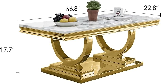 Henf 47" Marble Coffee Table Modern White Faux Marble Center Table