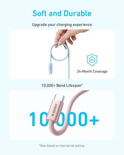 Anker Zolo USB C to USB C Cable, Braided and Dirt-Free Type-C Fast Charging Cable, Slim Connector, for iPhone 17 Series, MacBook (240W) (White, 3.3 FT)
