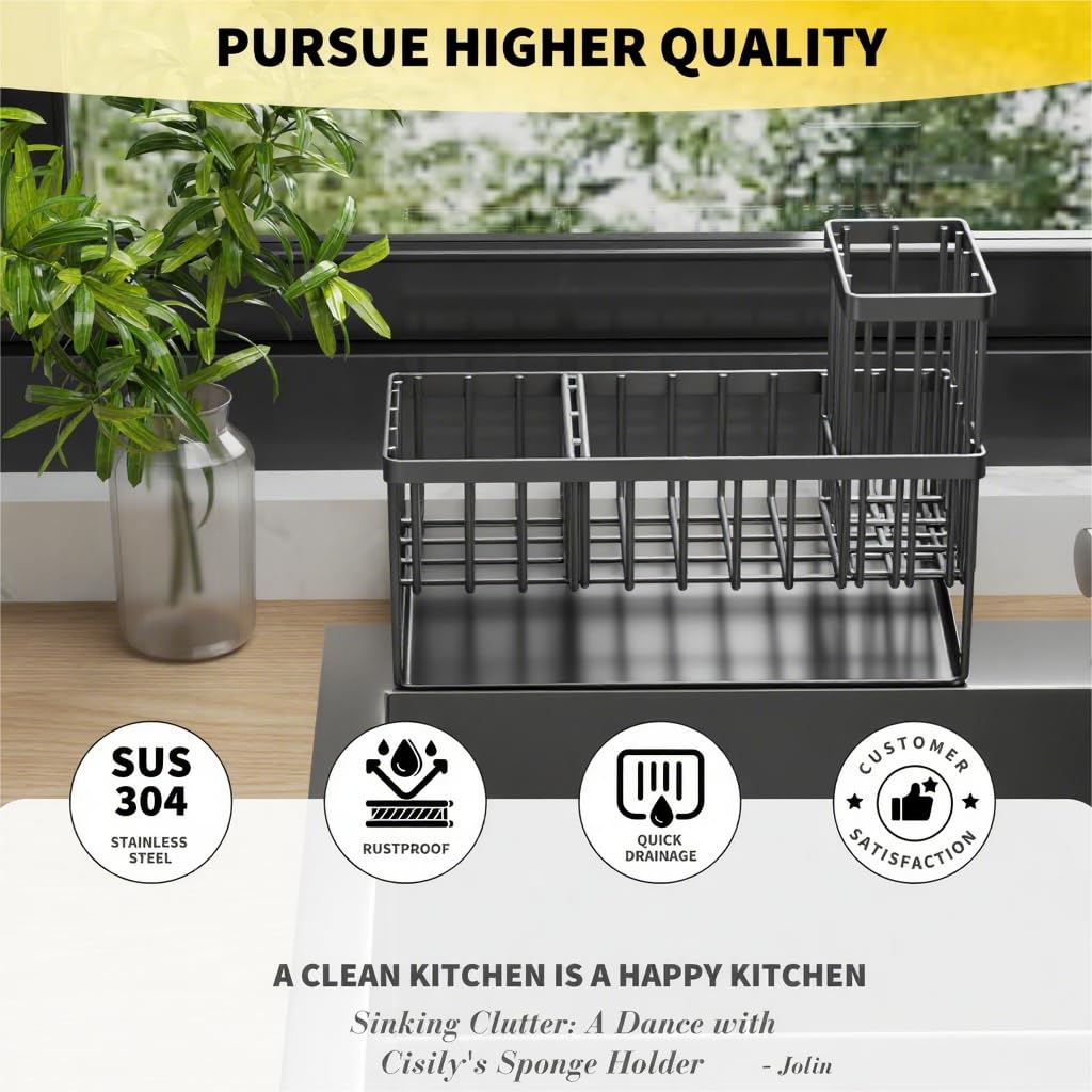 Cisily Kitchen Sink Caddy Organzier with High Brush Holder, Sponge Holder for Sink, 304 Rustproof Stainless, Kitchen Countertop Soap Dispenser Organizer, Kitchen Decor and Accessories