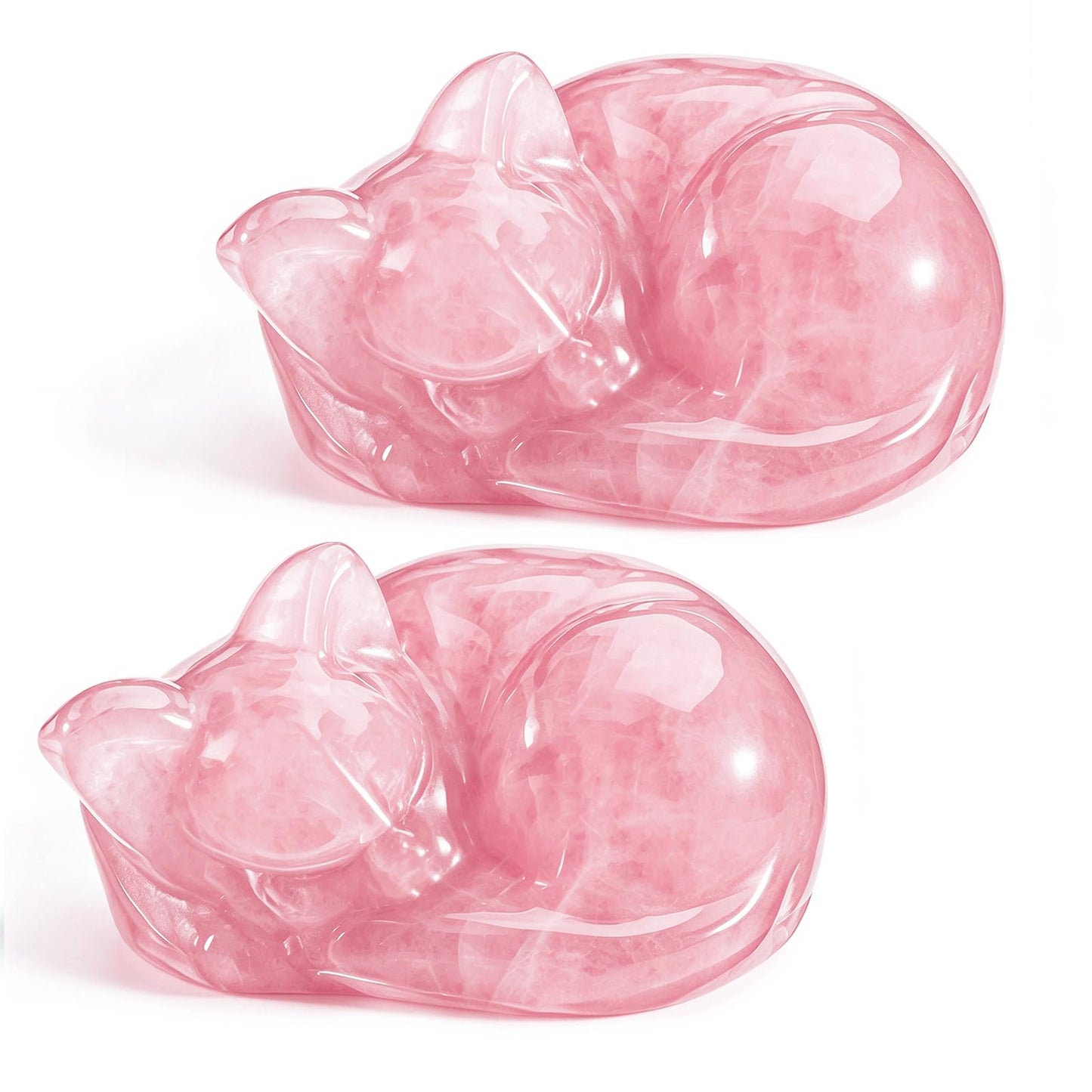EZEELAI 2Pcs Crystal Rose Quartz Cat Figurines, 2" Pink Sleeping Cat Crystal Sculpture, Healing Crystal Decors Statue, Home Office Desk Decor, Cat Themed Ornaments Gift for Cat Lovers