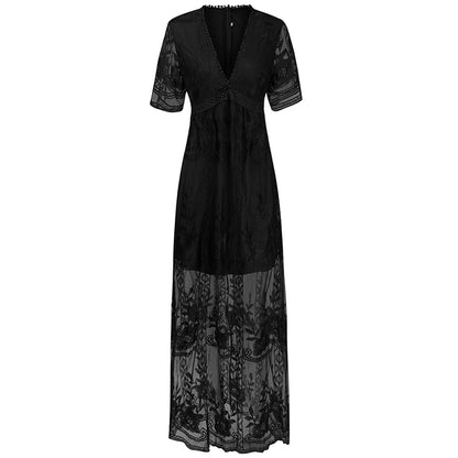 Womens Deep V Neck Short Sleeve Floral Lace Dress Long Bridesmaid Maxi Dresses