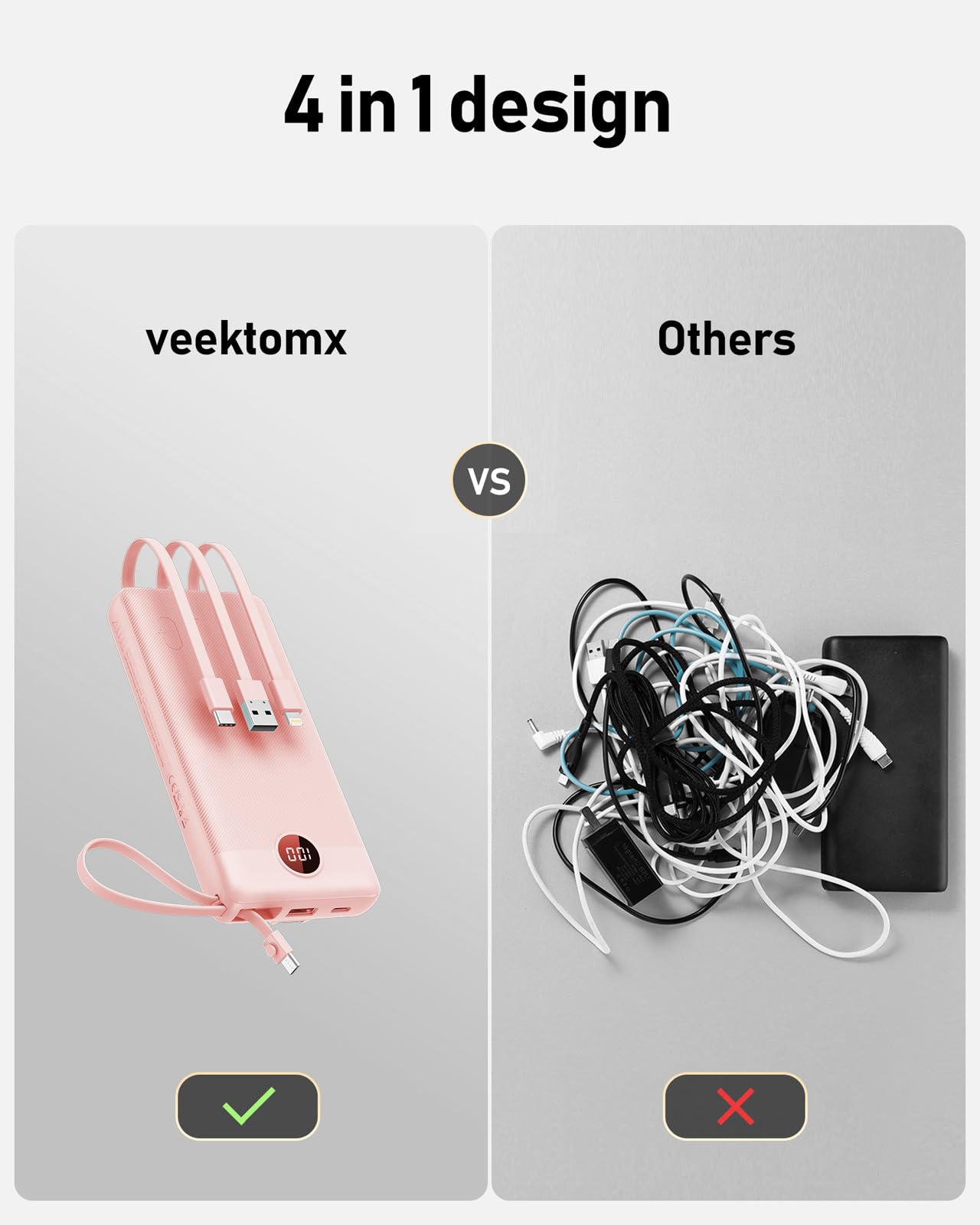 VEEKTOMX Portable Charger Built-in Cables, Power Bank for iPhone, Fast Charge USB C Battery Pack Travel Essentials Powerbank Compatible with iPhone 17/16/15/14, Samsung S25/24
