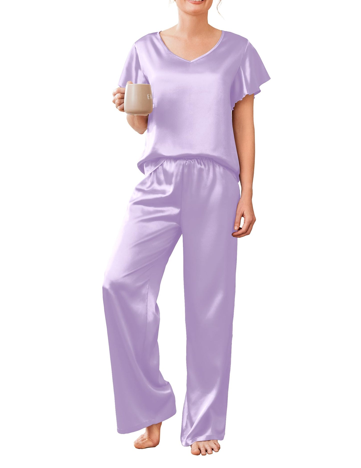 Ekouaer Women's Satin Silky Pajama Set 2 Piece Short Sleeve Shirt with Long Pants Pjs Sets Soft PJ Loungewear S-XXL