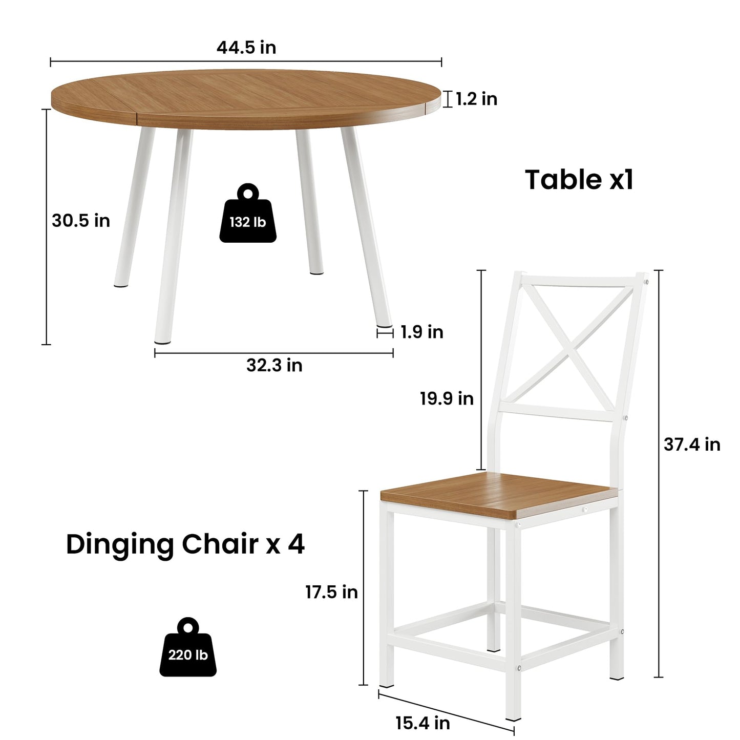IRONCK Dining Table Set for 4, Round Kitchen Table and 4 Stool Chair for Dining Room, 44.5inch Drop Leaf Desk, Small Space Saving, Natural Wood