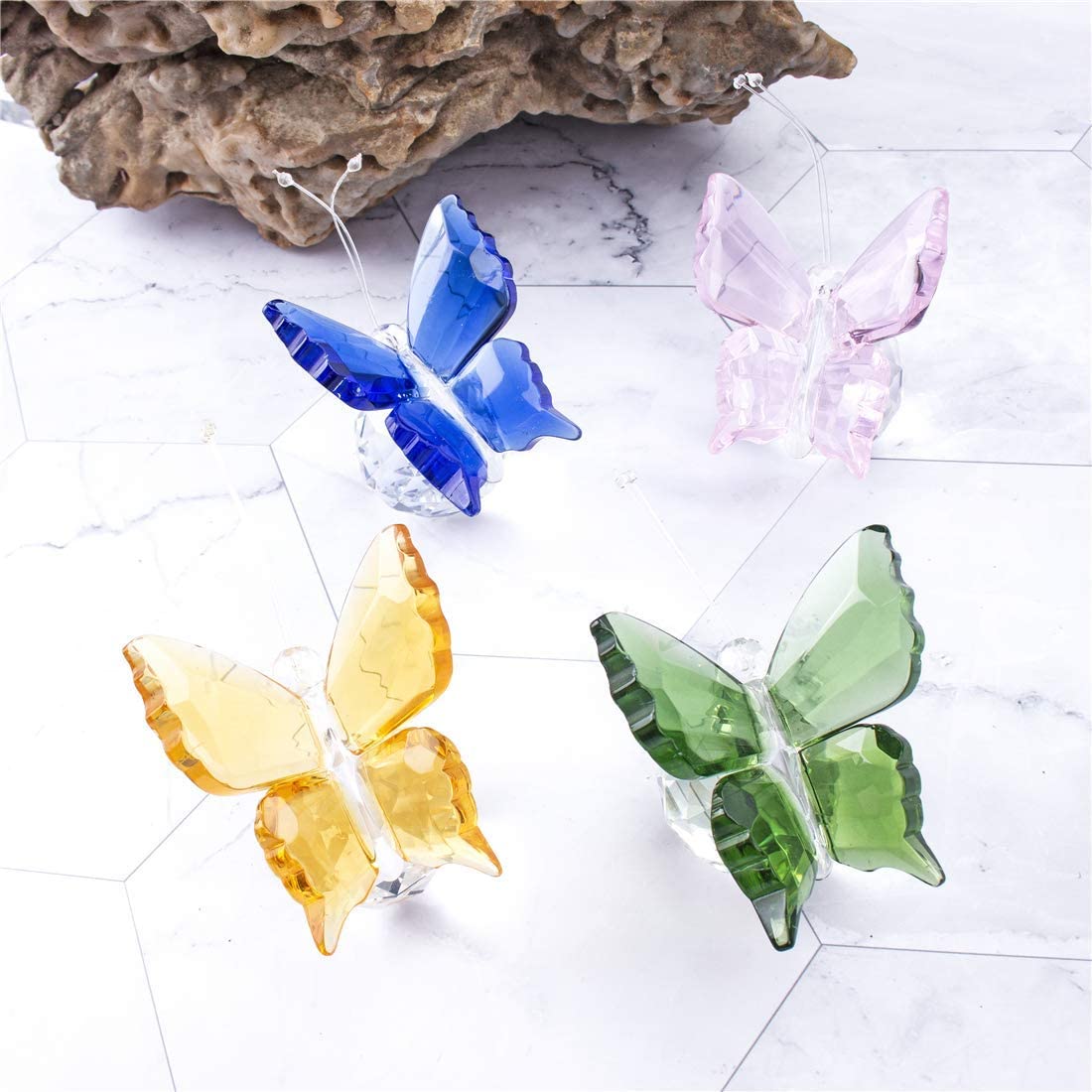 H&D HYALINE & DORA Set 8pcs Crystal Flying Butterfly with Ball Base Figurine Cut Glass Ornament Statue Animal Figurine Collection Home Wedding Office Table Decorations
