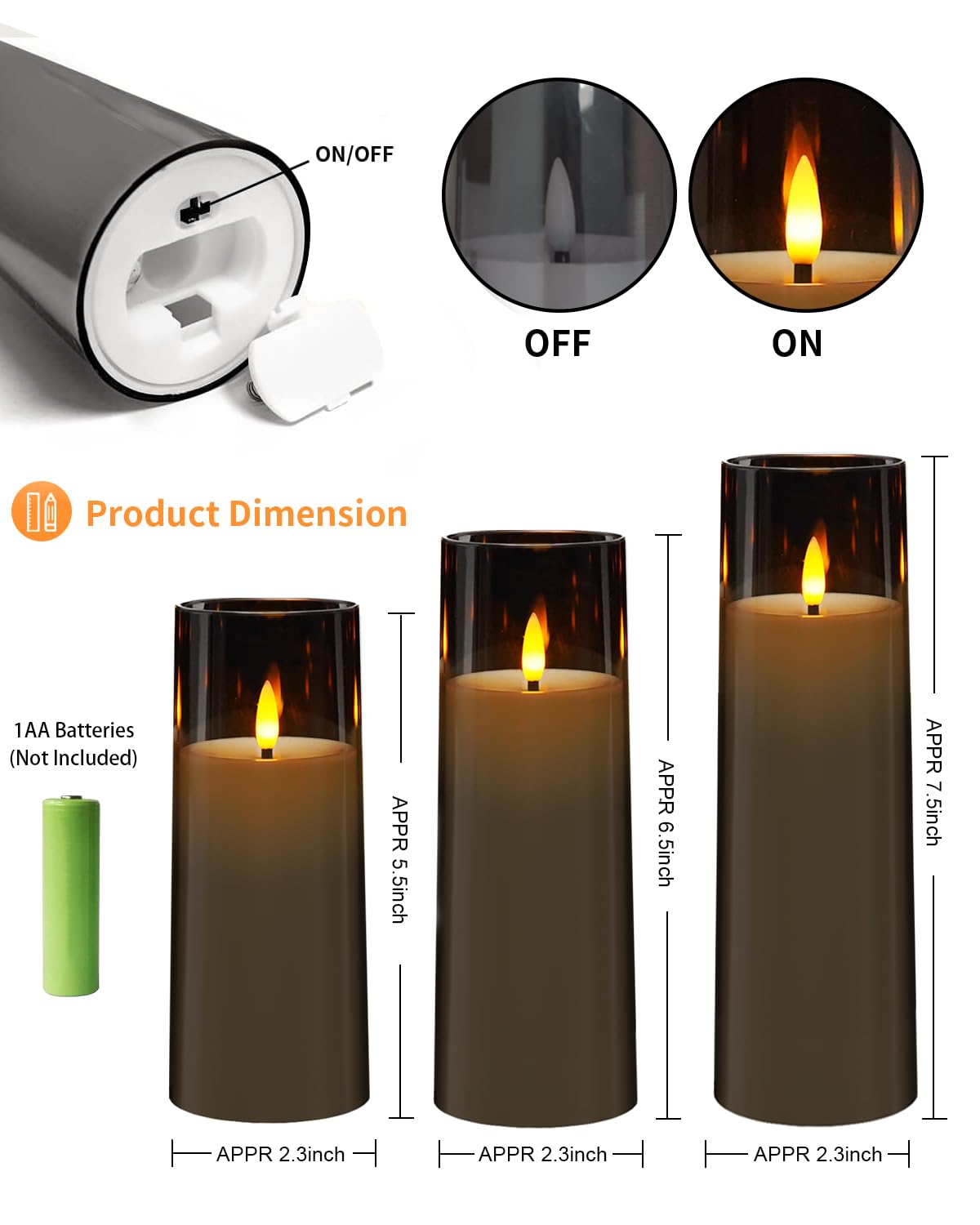 kakoya Flickering Flameless Candles Battery Operated with Remote and 2/4/6/8 H Timer Plexiglass Led Pillar Candles Pack of 9 (D2.3 xH5.5 6.5" 7.5") with Realistic 3D Wick Candles for Home Decor(Grey)
