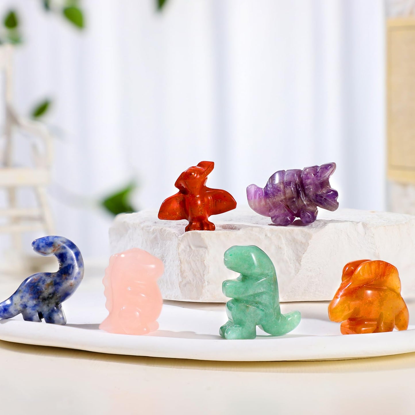 Seenelling 6 Pcs Crystal Dinosaur Figurines - Cute Stone Dinosaur Figures Statue Collection Decor for Women, Men, Desk, Garden, Home