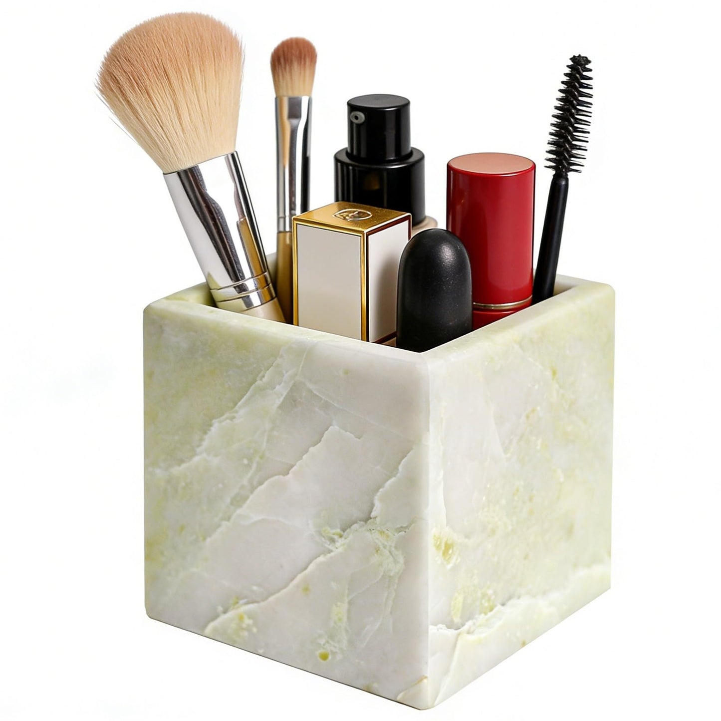Natural Marble Makeup Brush Holder for Vanity, Toothbrush Holder for Bathroom, Luxurious Countertop Organizer, Green Bathroom Accessories Square