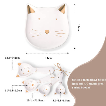 Patelai 5 Pcs Cat Measuring Spoons Set Kitchen Ceramic Counter Cat Ceramic Soup Spoon for Christmas Women Gift(White)