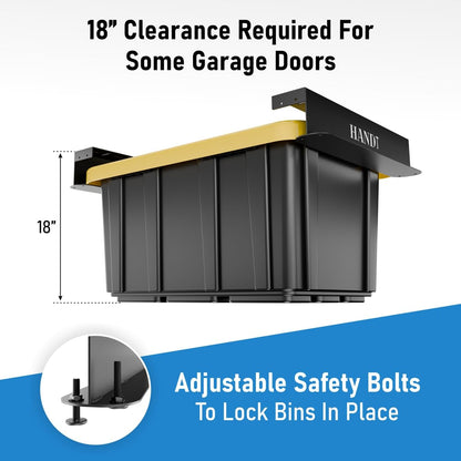 USA Based Overhead Garage Storage Rack, Connectable Heavy Duty Metal Ceiling Rails Garage Storage Organization Shelving System, Hanging Racks Tote Containers, Supports Up To 6 Bins, 4 Sets Black