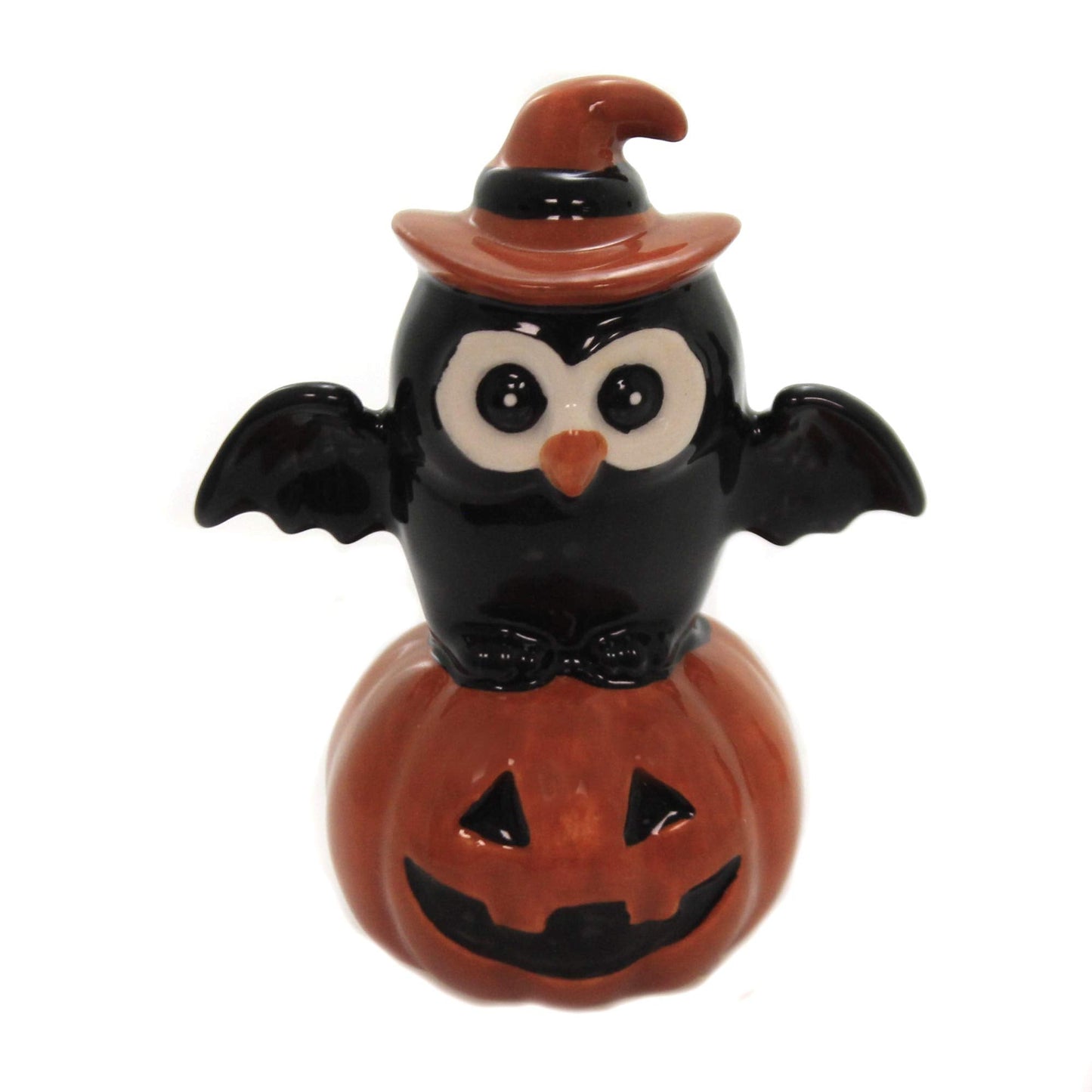 Fine Ceramic Thanksgiving Halloween Black Cat & Owl on Pumpkin Salt & Pepper Shakers Set, 3-3/4" H