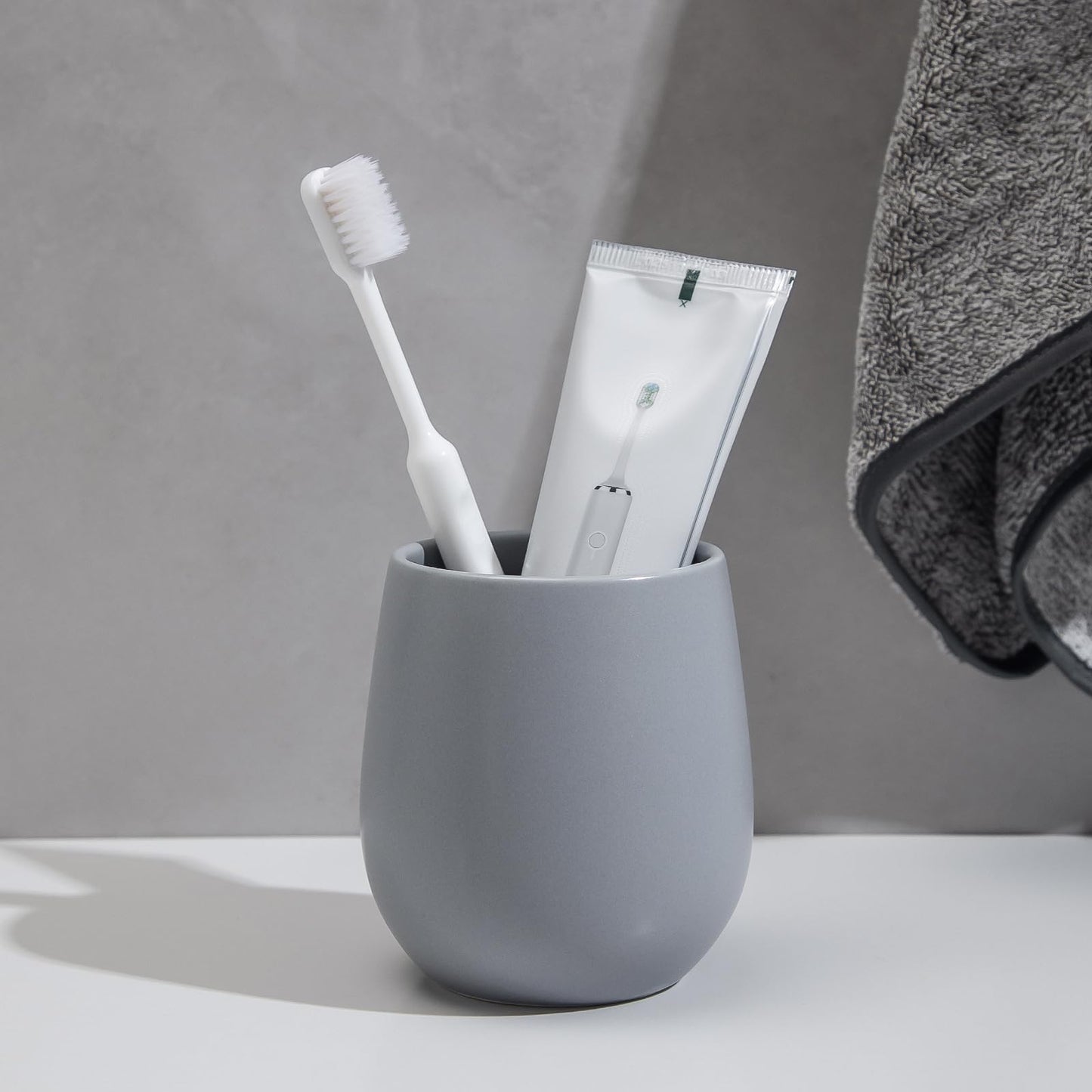 Grey Ceramic Toothbrush Holder - 11Oz Small Bathroom Tooth Brushing Holders, Reusable Mouthwash Cup, Toothpaste Holder, Makeup Brush Holder, Pen Holder for Bathroom Countertop, 1PC