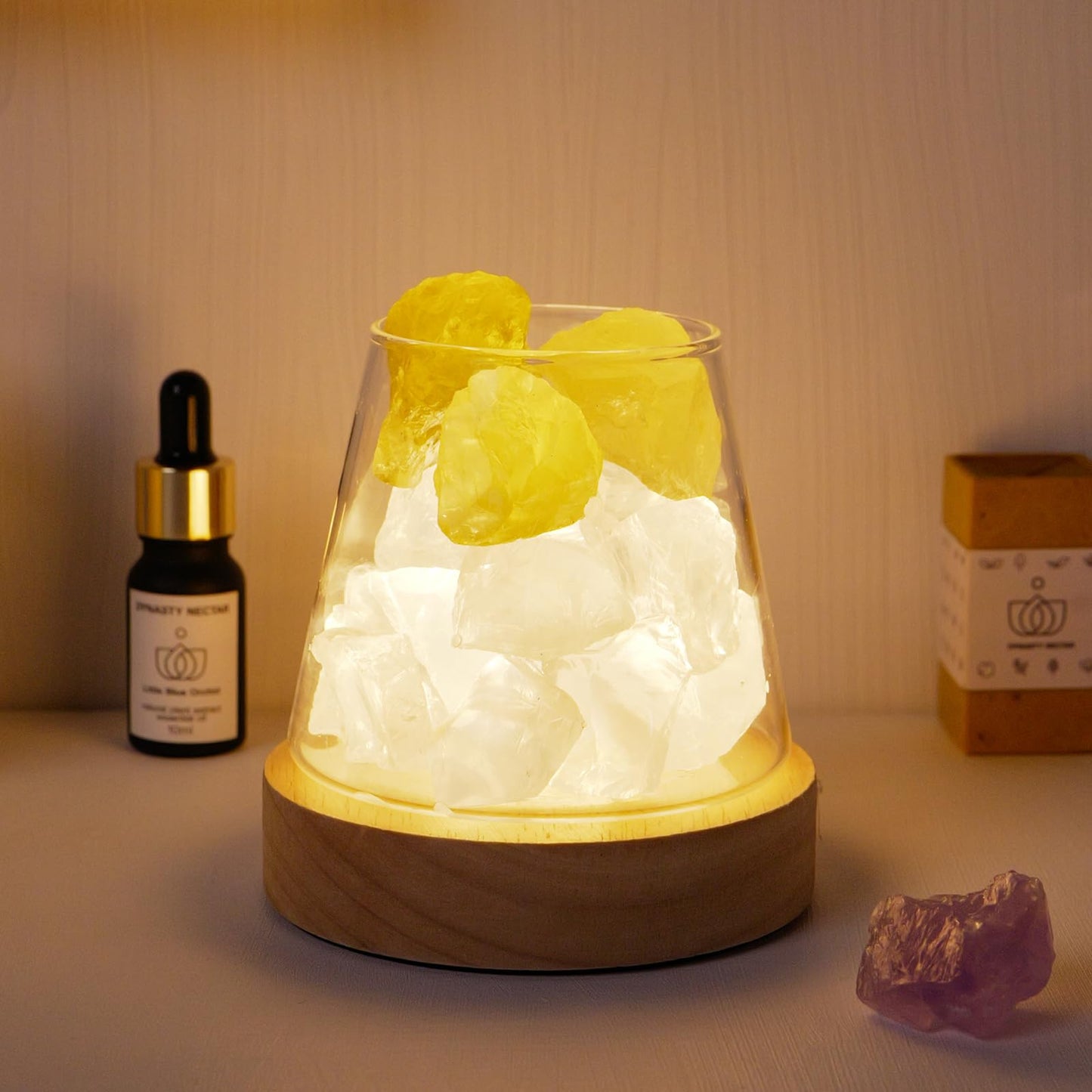 Runyangshi Runyansghi Citrine Clear Quartz Night Lamp Natural Healing Crystal Aroma Stone Diffuser with Remote Control Bedside Lamp USB Port 7 Colours Dimming Mode Bedroom Lamp Home Decor Gift