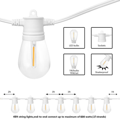 SUNTHIN White String Lights, 48ft White Outdoor Lights with 16 1W Shatterproof LED Bulbs for Patio, Garden, Backyard, Porch, Cafe, Deck, Wedding, Party