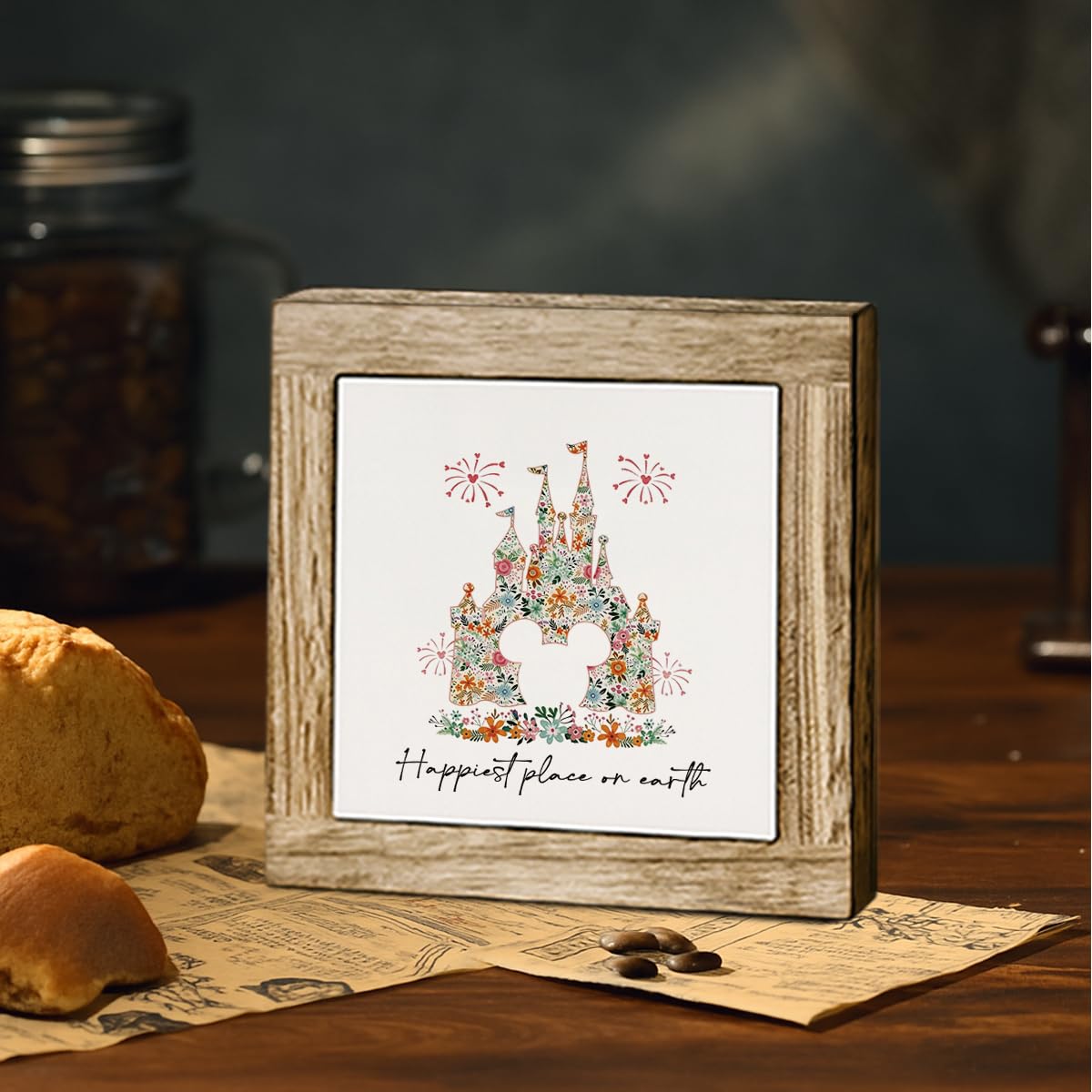 Magical Kingdom Floral Graphic Wooden Decor, Princess Castle Decoration for Bedroom Living Room Office Desk Shelf Accessories, 5.9x5.9 Inch